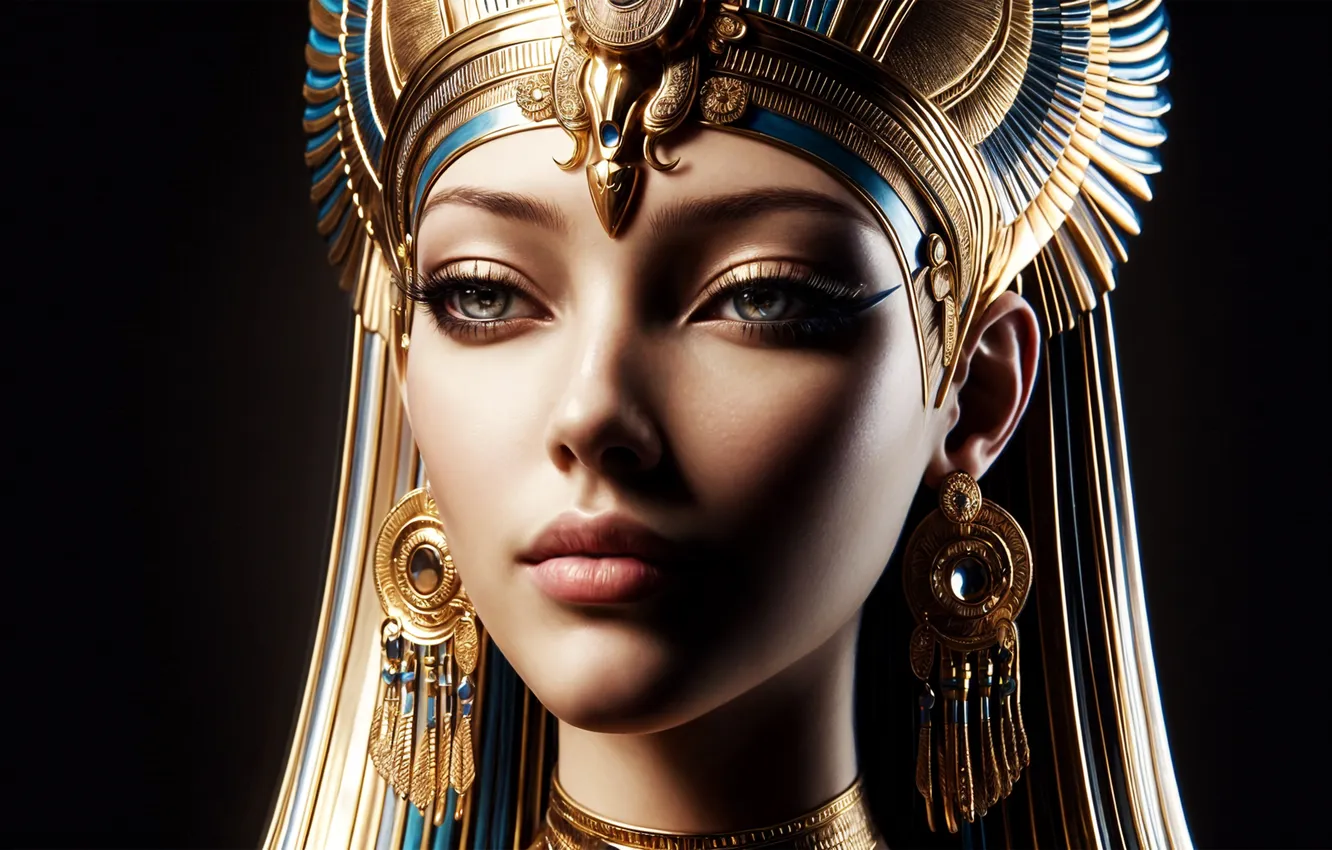 Photo wallpaper girl, gold, green eyes, crown, digital art, artwork, fantasy art, goddess