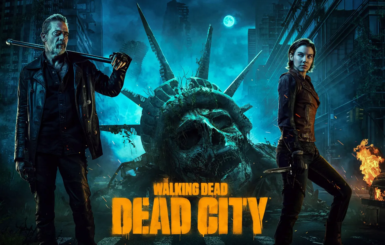 Photo wallpaper The Walking Dead, The Walking Dead Dead City, Megan, man, tv series, bat, statue, kinif