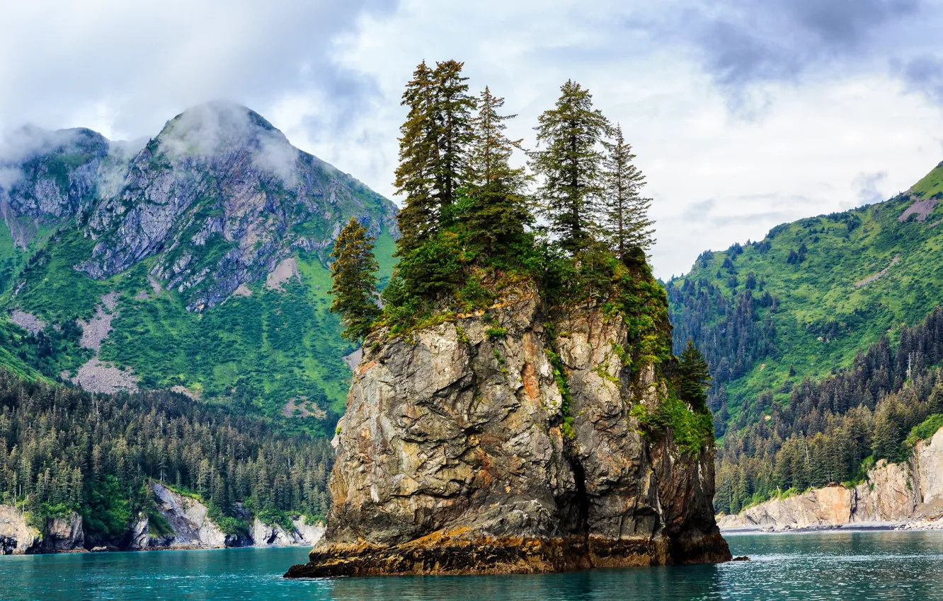 Photo wallpaper forest, the sky, water, clouds, mountains, rock, lake, island