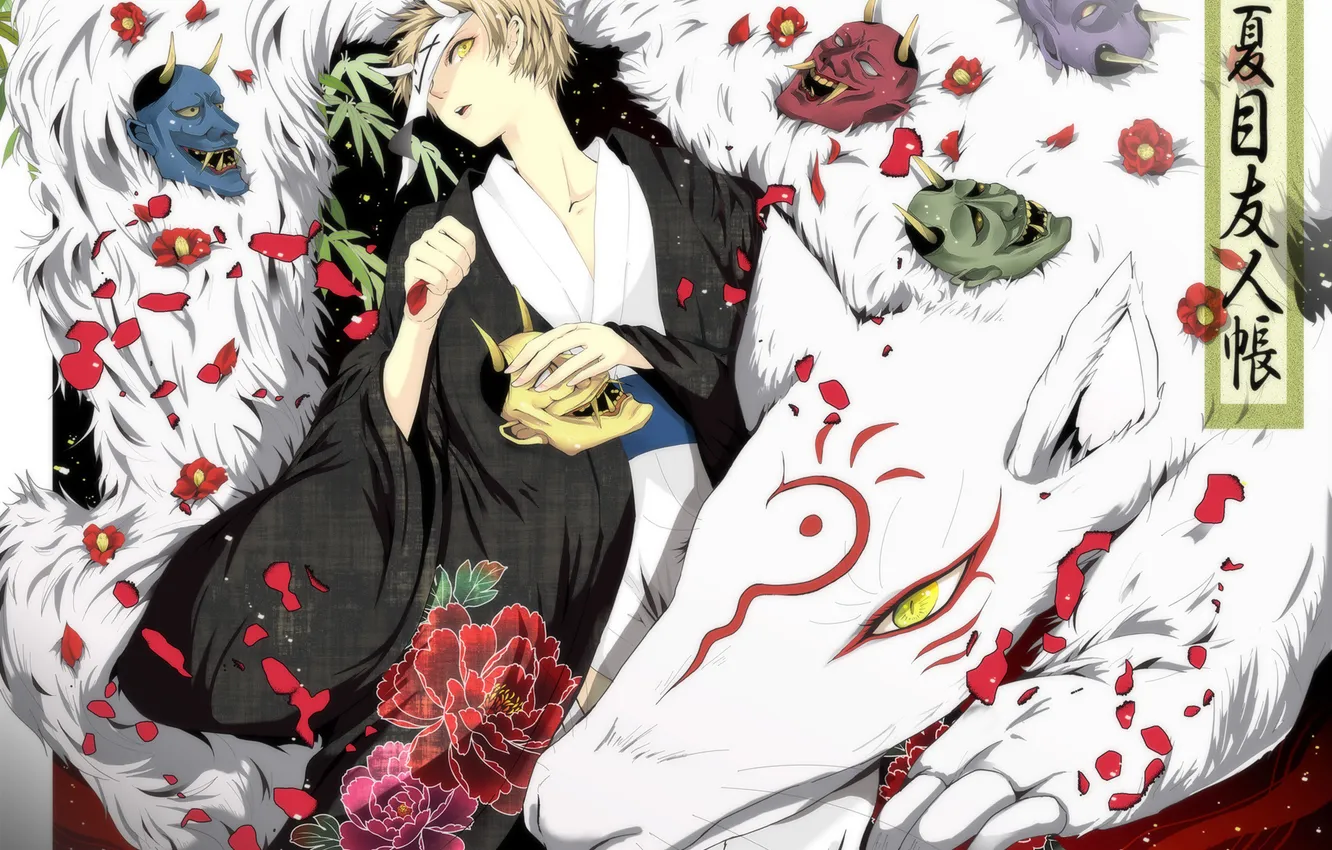 Photo wallpaper flowers, anime, petals, the demon, art, face, horns, guy
