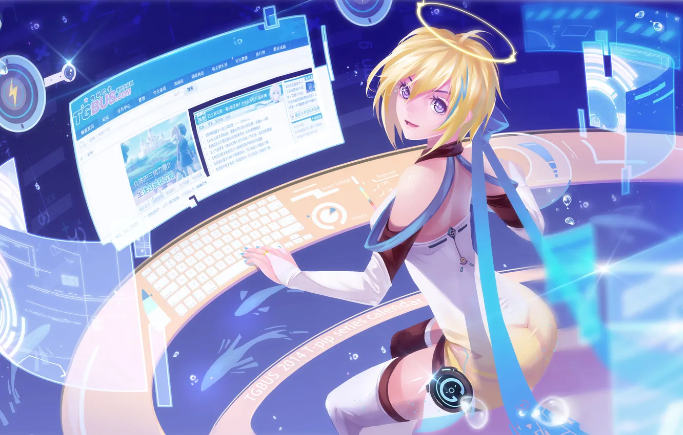 Photo wallpaper look, girl, joy, pose, future, technology, keyboard, sitting