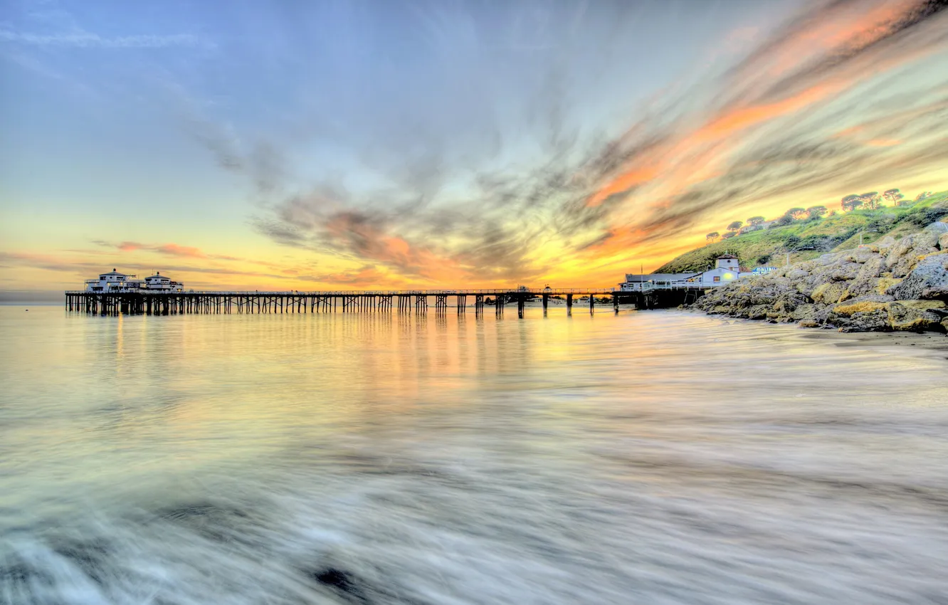 Photo wallpaper sea, landscape, sunset, bridge