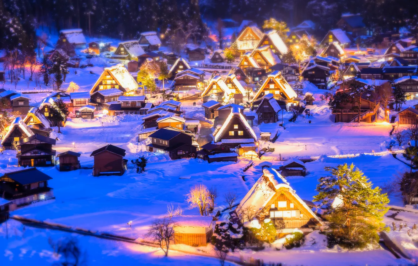 Photo wallpaper winter, snow, night, lights, home, Japan, valley, the island of Honshu