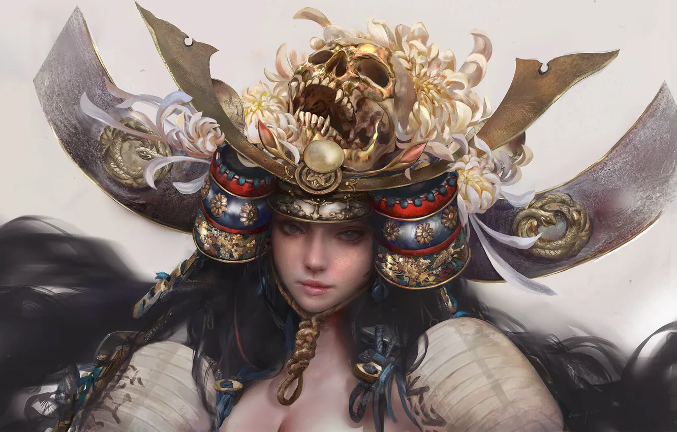 Photo wallpaper skull, helmet, grey background, long hair, Japanese clothing, chrysanthemum, samurai, woman warrior