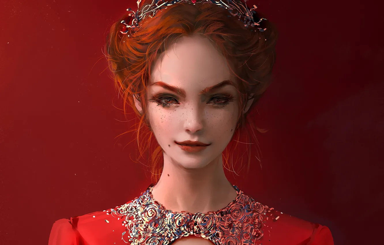 Photo wallpaper freckles, red, mole, red dress, Diadema, portrait of a girl, the half-smile, by NIXEU