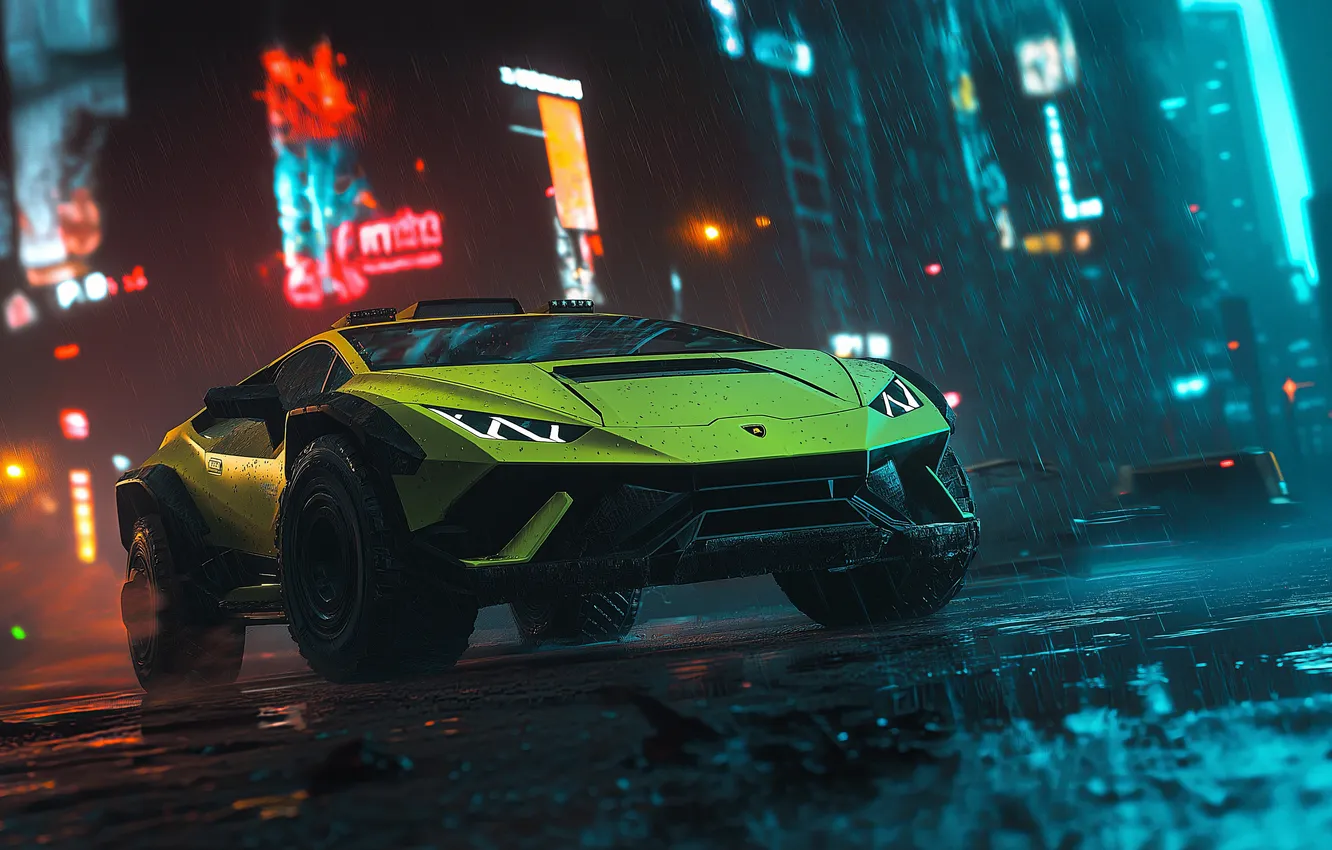 Photo wallpaper car, city, Lamborghini, rain, Neon, Offroad, Lamborghini Huracan, Cyberpunk