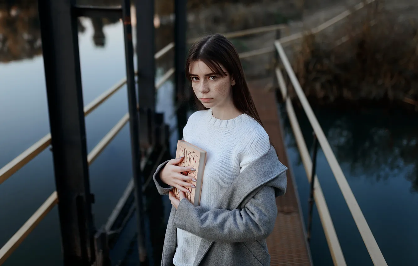 Photo wallpaper girl, freckles, book, coat, sweater, Pavel Portnov