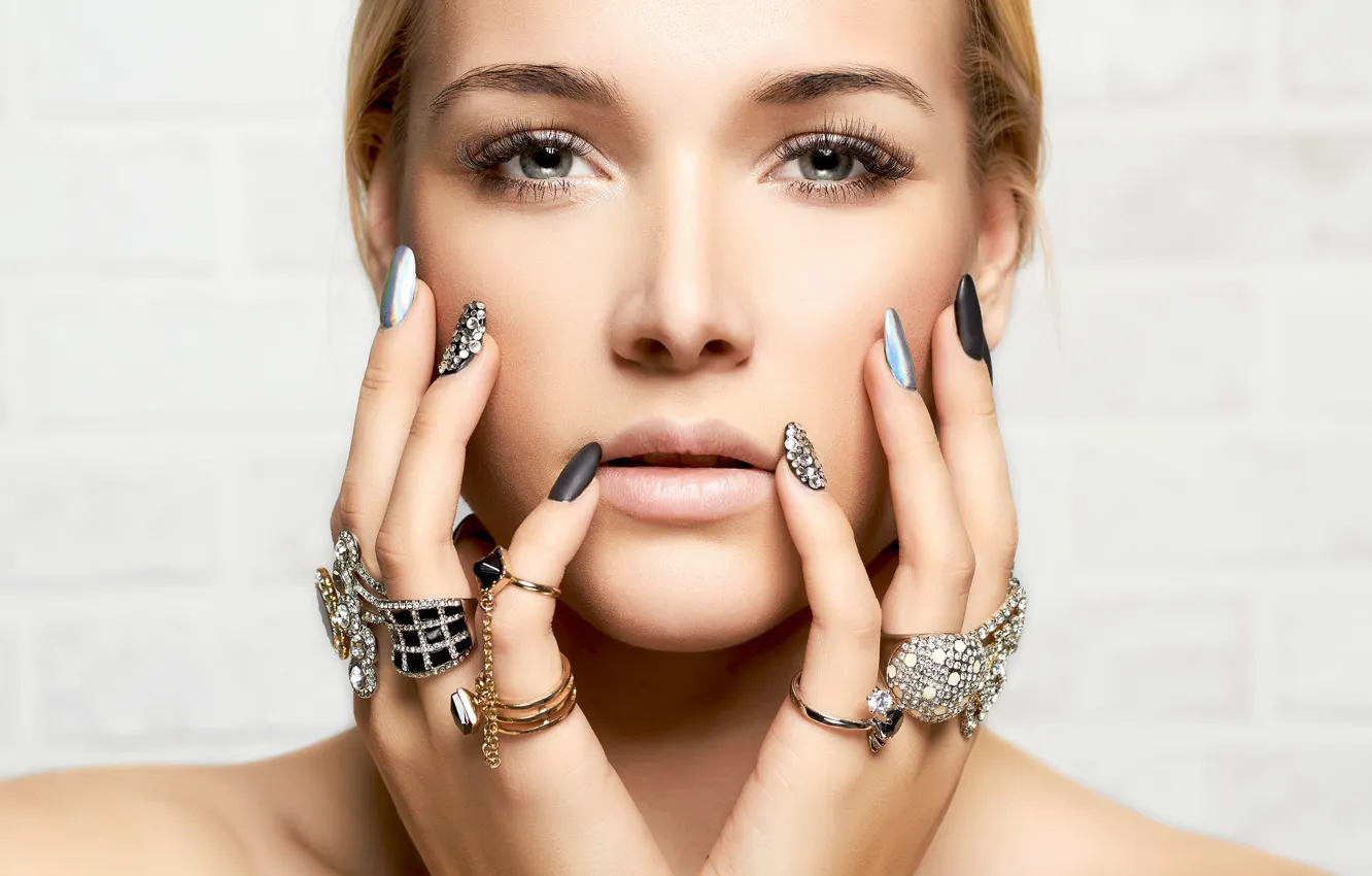 Photo wallpaper look, girl, face, hands, ring, manicure