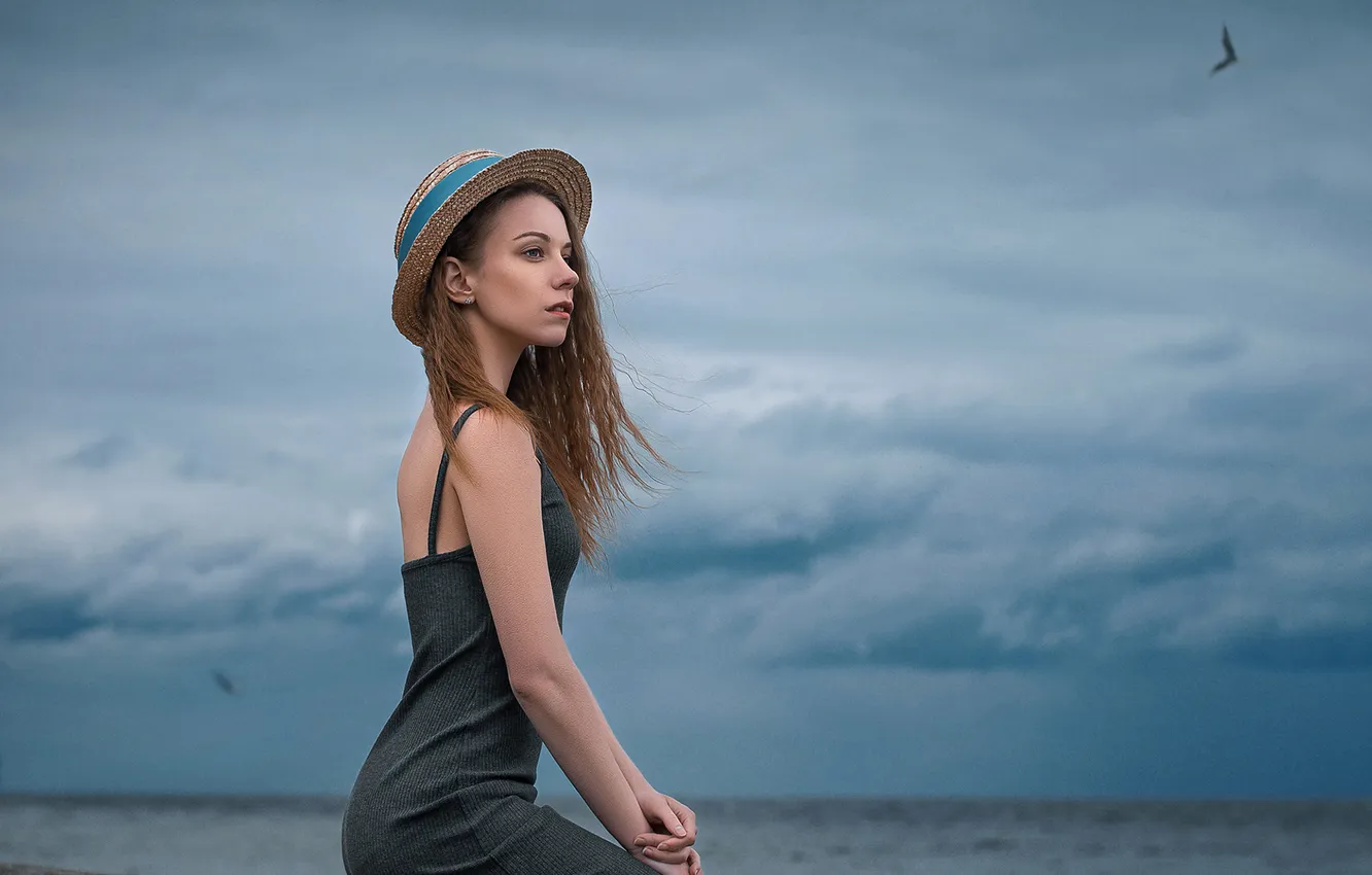 Photo wallpaper sea, the sky, girl, clouds, hat, Dmitry Begma