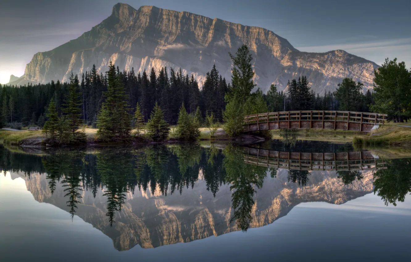 Photo wallpaper forest, bridge, reflection, river, mountain