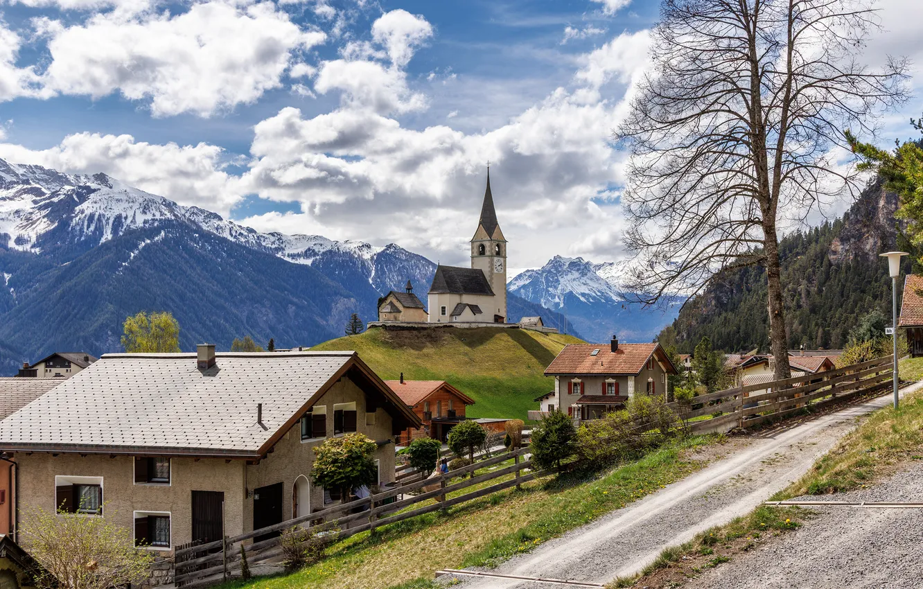 Photo wallpaper Clouds, Home, Mountains, Switzerland, Church, Alps, Schmitten Roads