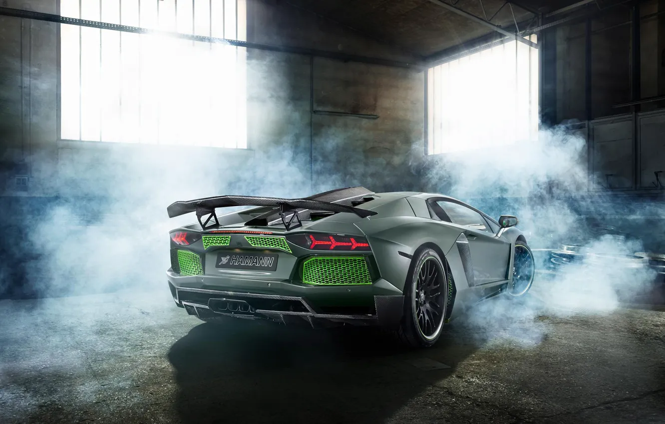 Photo wallpaper Lamborghini, Green, Smoke, LP700-4, Aventador, 2014, Limited, Rear