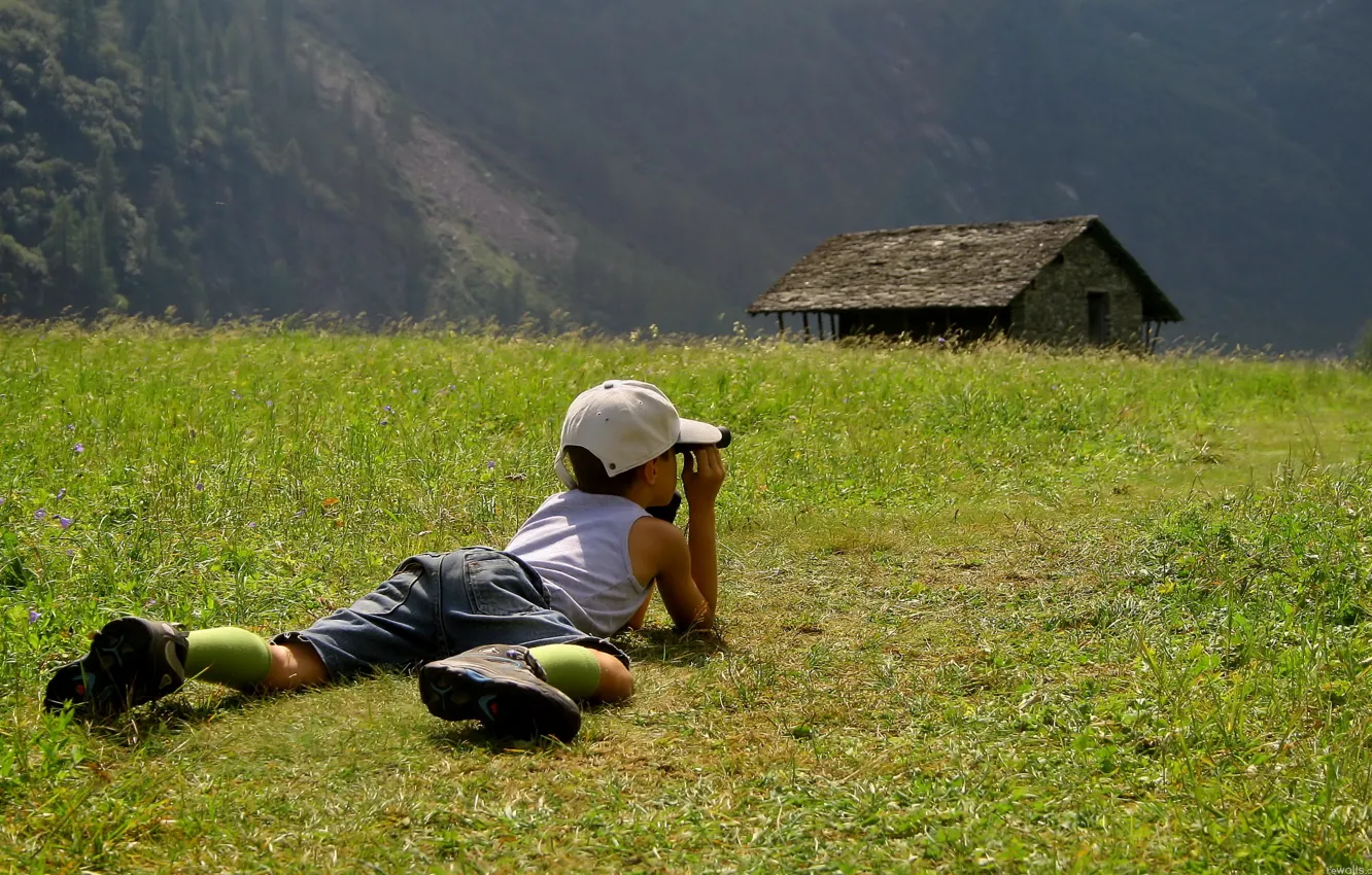 Photo wallpaper field, grass, nature, children, mood, boy, cap