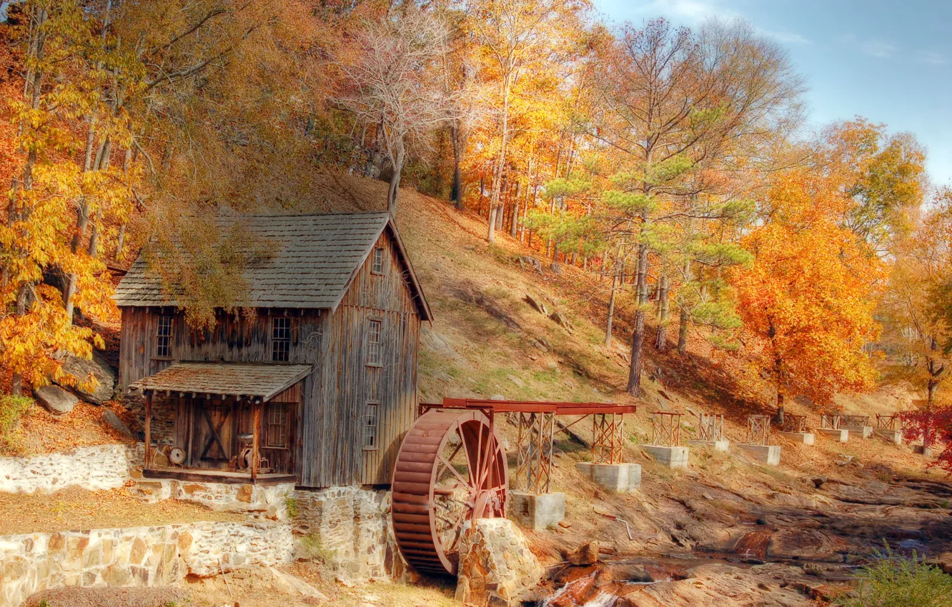 Photo wallpaper autumn, trees, stream, old mill, red-yellow leaves