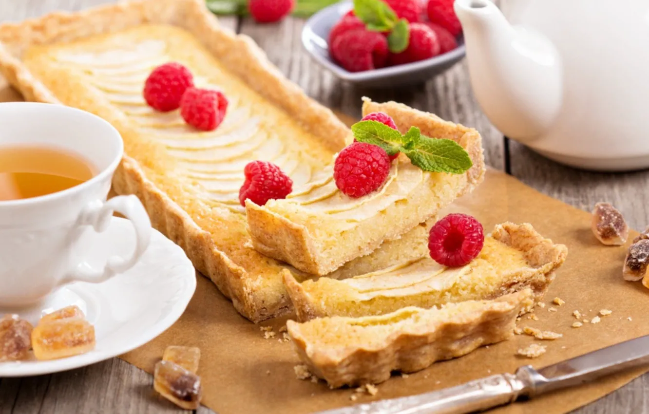 Photo wallpaper raspberry, tea, Breakfast, morning, pie, cream, filling