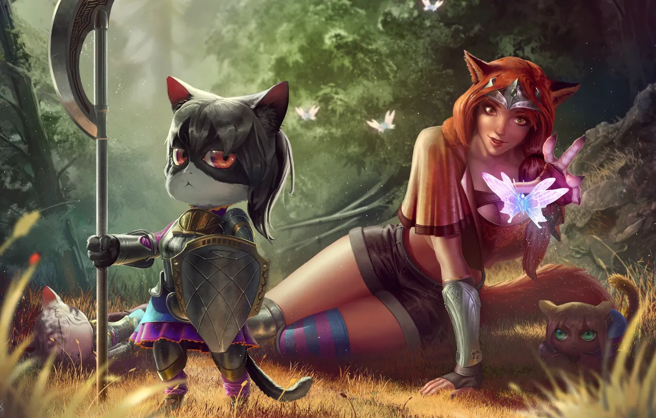 Photo wallpaper forest, cat, butterfly, art, shield, ears, Princess, defender
