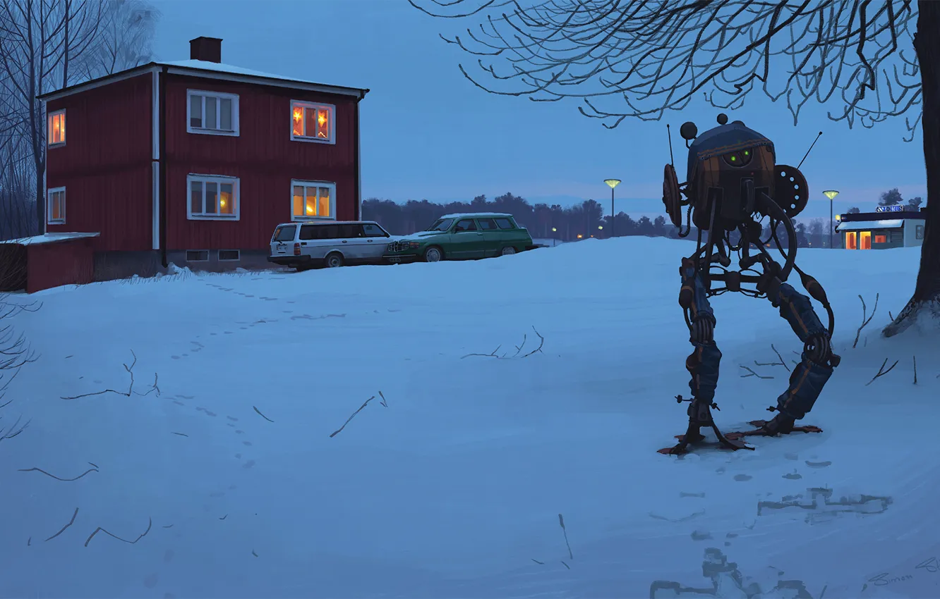 Photo wallpaper snow, trees, traces, house, branch, robot, the evening, art