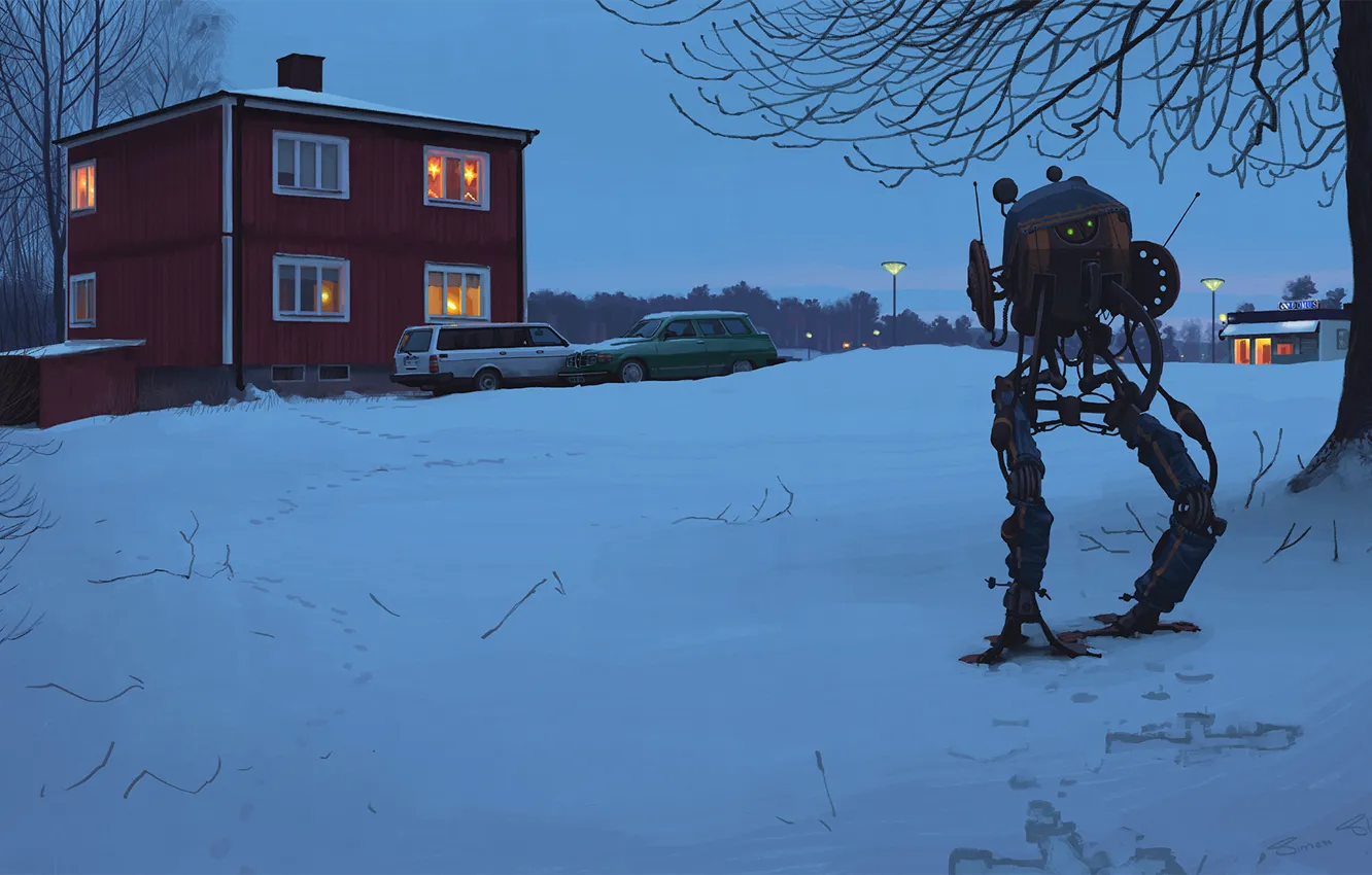 Photo wallpaper snow, trees, traces, branch, robot, home, the evening, art