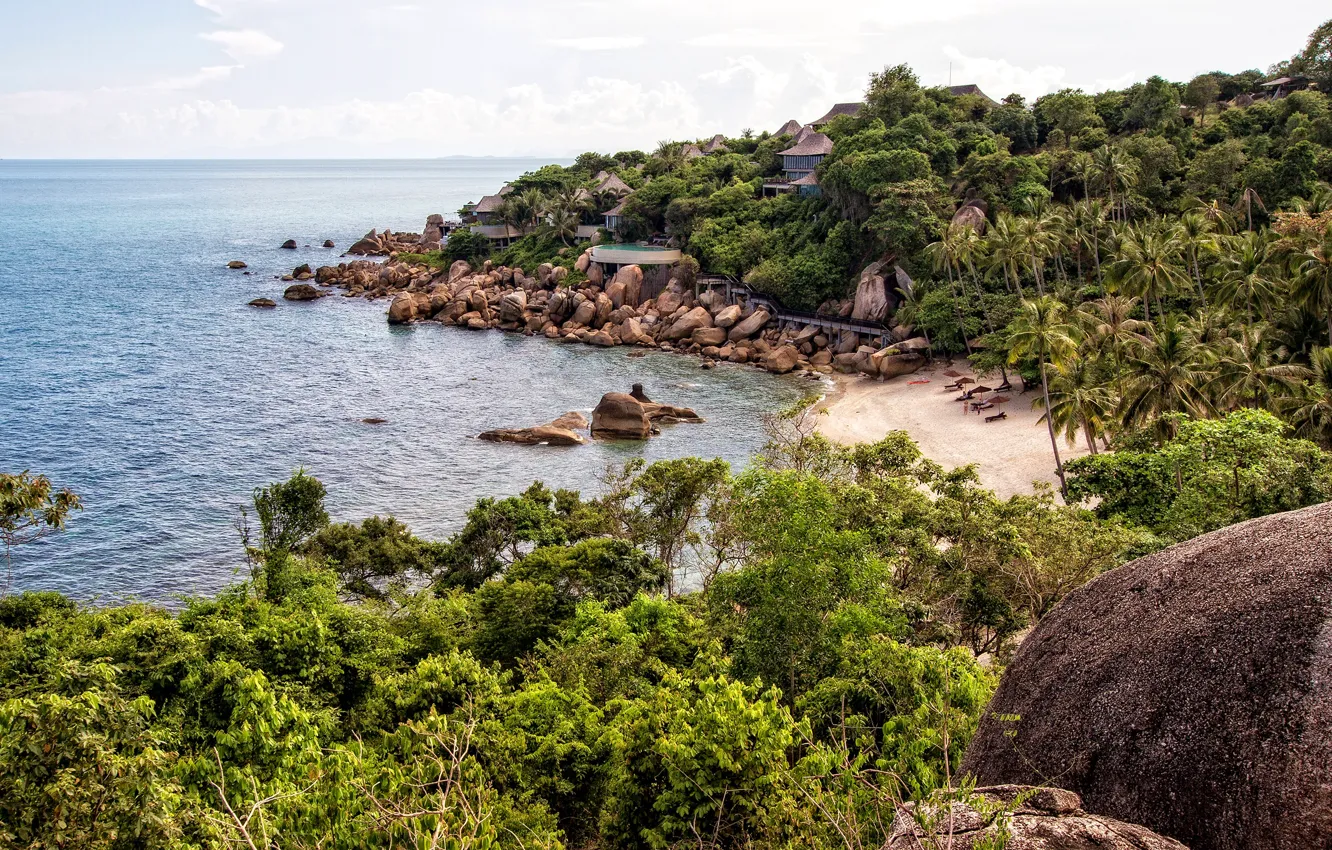 Photo wallpaper sea, beach, the sky, clouds, trees, stones, palm trees, shore