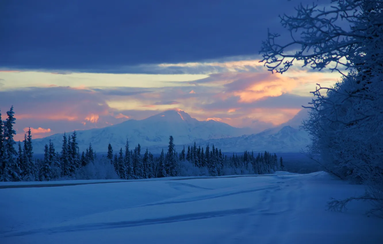 Photo wallpaper winter, snow, mountains, sunrise, morning, Alaska