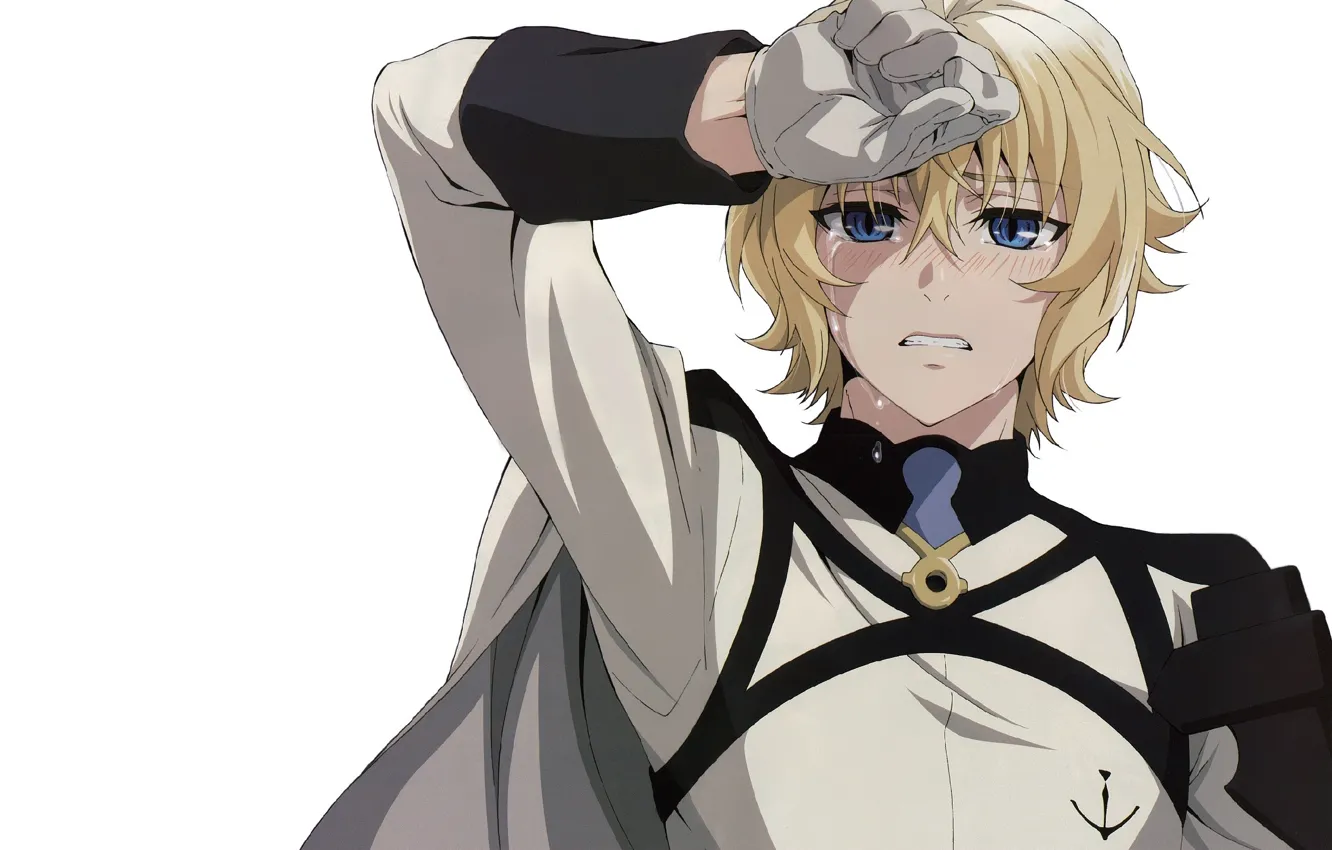 Photo wallpaper hands, tears, white background, gloves, guy, blue eyes, military uniform, Owari no Seraph