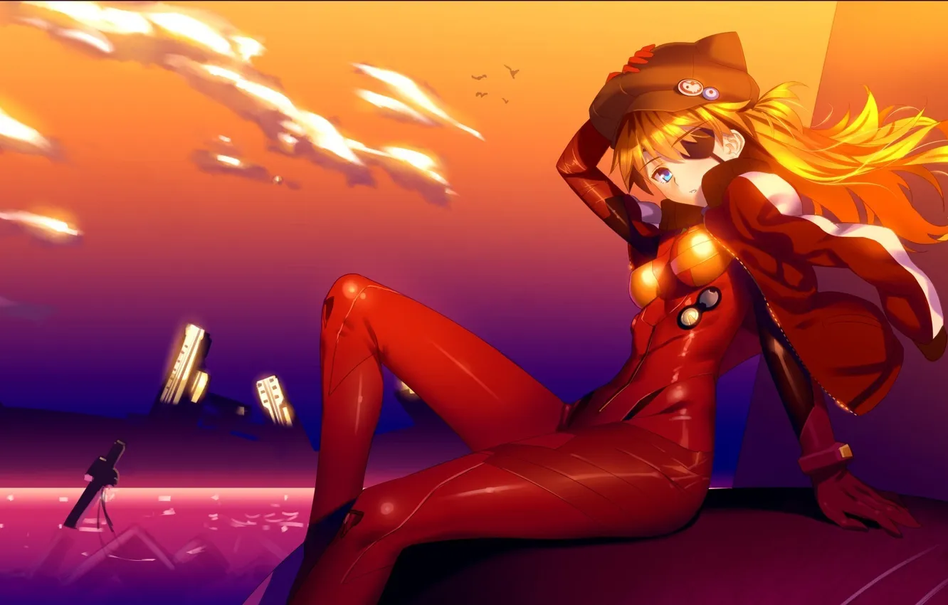 Photo wallpaper look, water, girl, the city, the wind, surprise, Neon Genesis Evangelion, soryu asuka langley