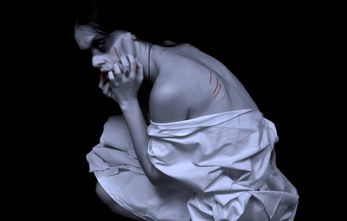 Photo wallpaper look, face, background, black, blood, back, brunette, fabric