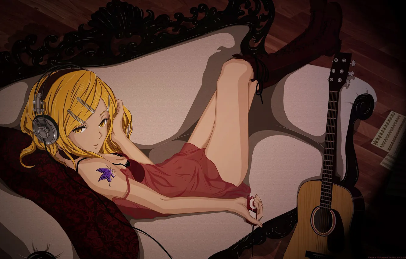 Photo wallpaper girl, sofa, guitar, headphones, tattoo, player, yellow eyes