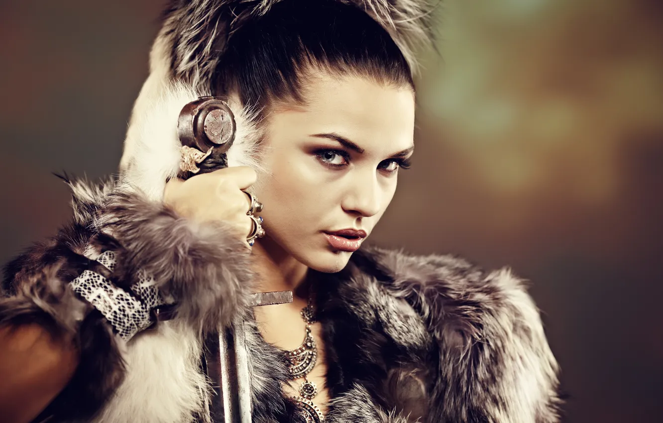 Photo wallpaper look, girl, sword, makeup, ring, fur