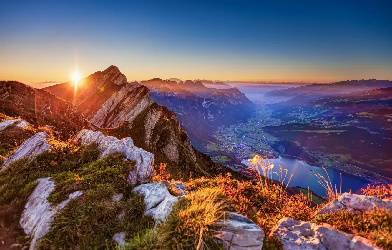 Photo wallpaper the sun, light, landscape, mountains, nature, dawn, view, valley