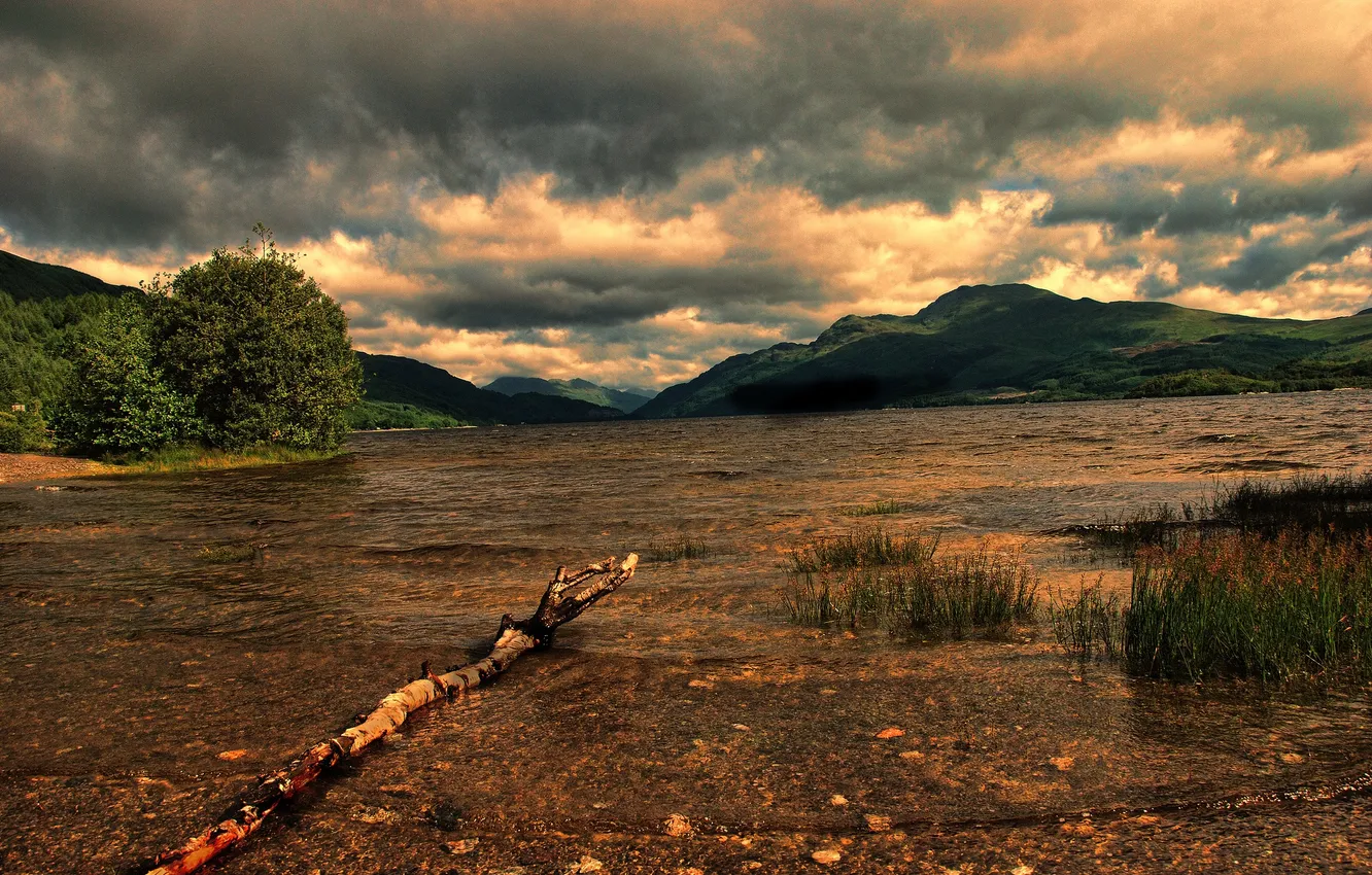 Photo wallpaper mountains, clouds, lake
