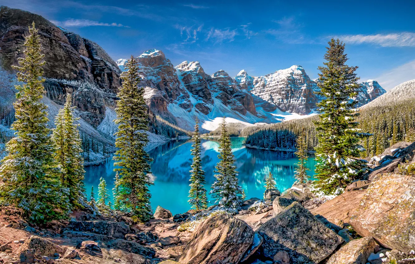 Photo wallpaper the sky, trees, mountains, lake, Canada