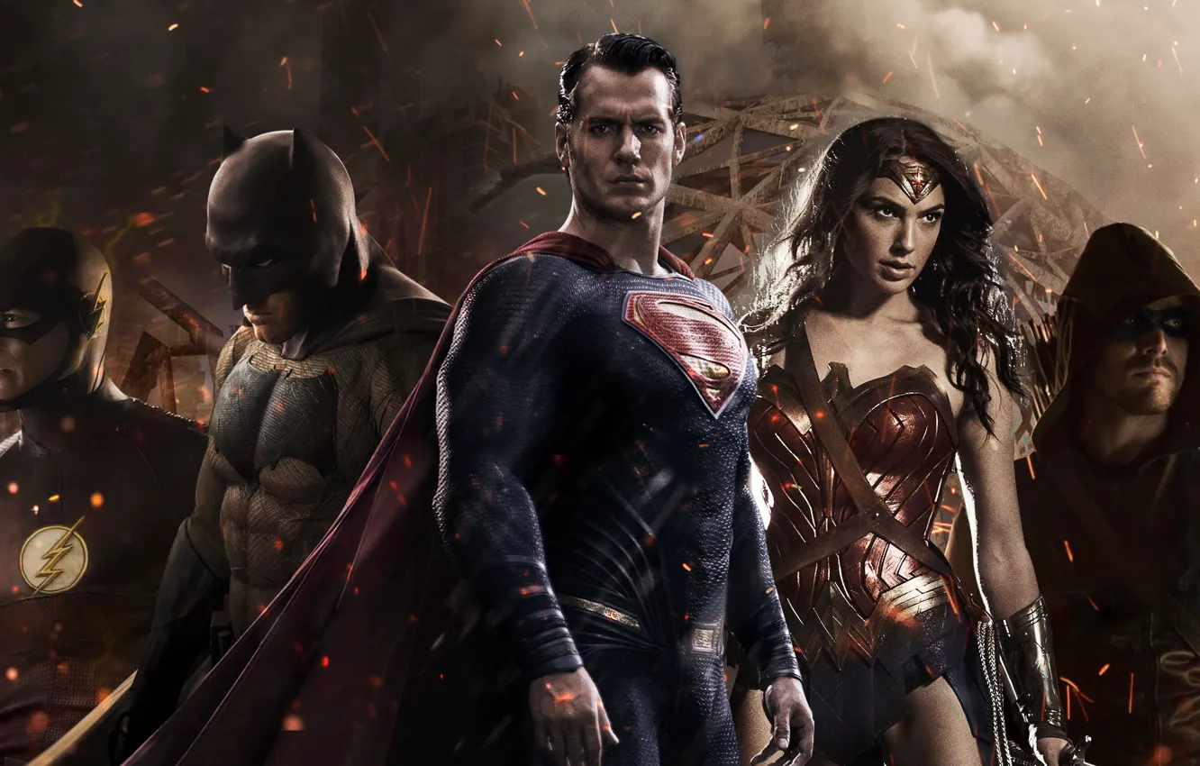 Photo wallpaper Batman, Superman, arrows, Batman, Superman, Flash, Batman v Superman: Dawn of Justice, Justice League
