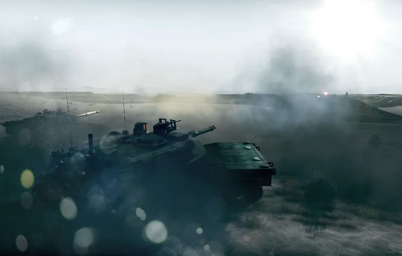 Photo wallpaper glare, war, smoke, the battle, tanks, Battlefield 3