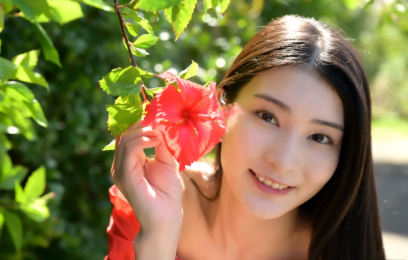 Photo wallpaper flower, woman, smile, beautiful, model, pretty, asian, sunlight