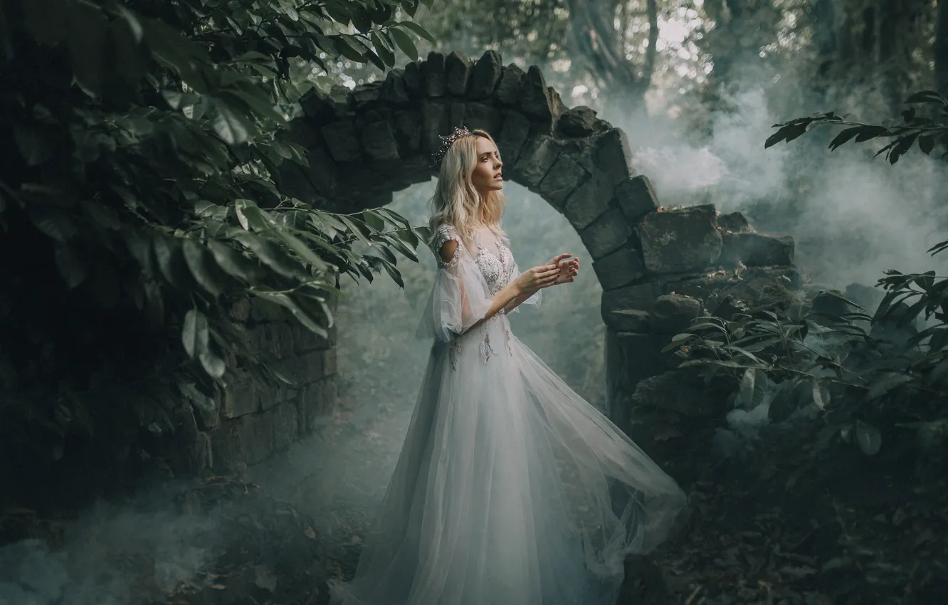 Photo wallpaper forest, girl, fog, Park, stones, dress, masonry, blonde
