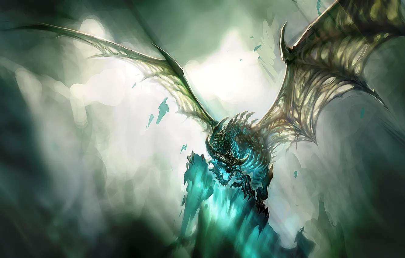 Photo wallpaper light, blue, dragon, wings, skeleton