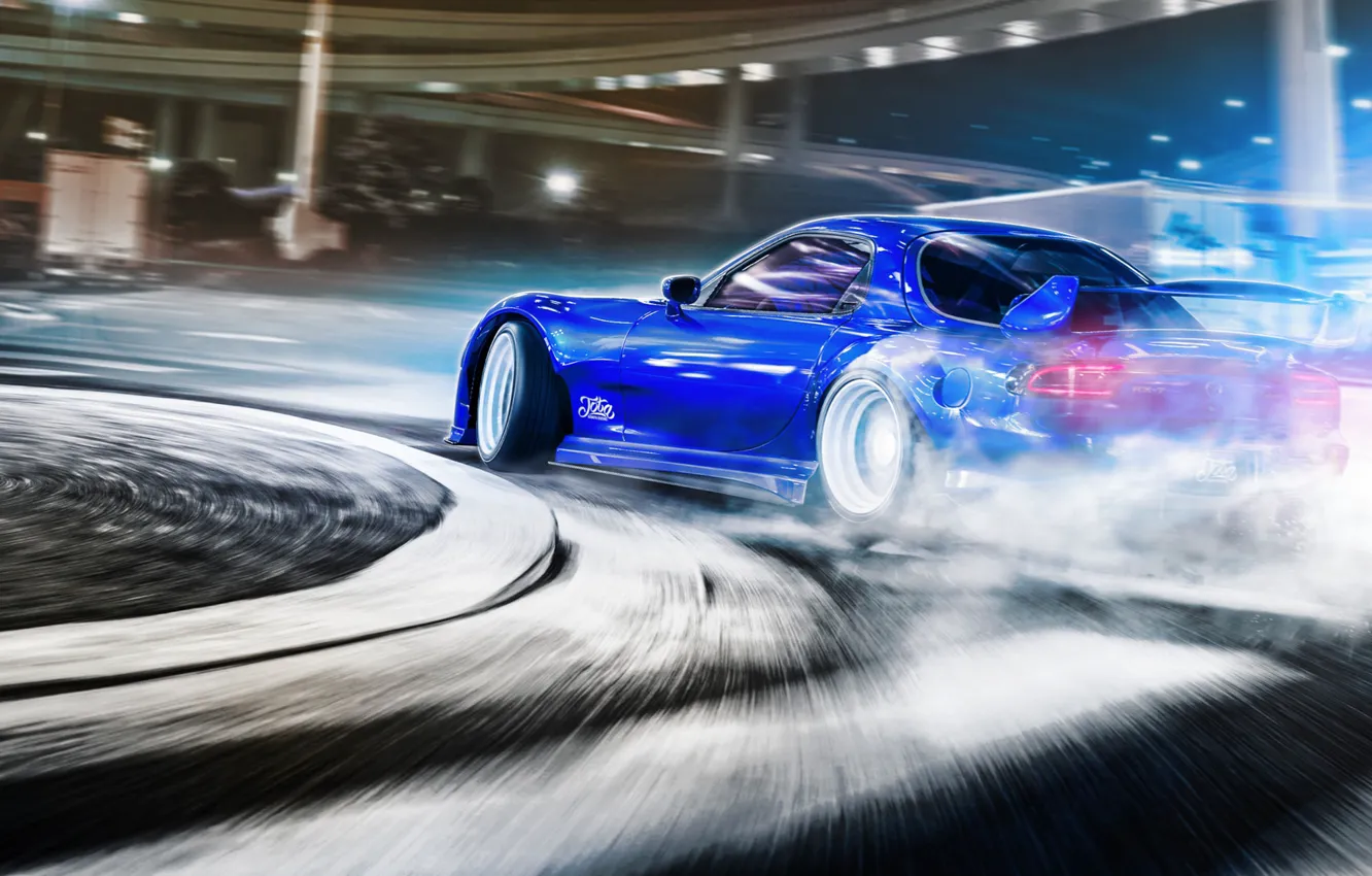 Photo wallpaper machine, auto, blue, smoke, Skid, drift, rx7, Mazda RX-7