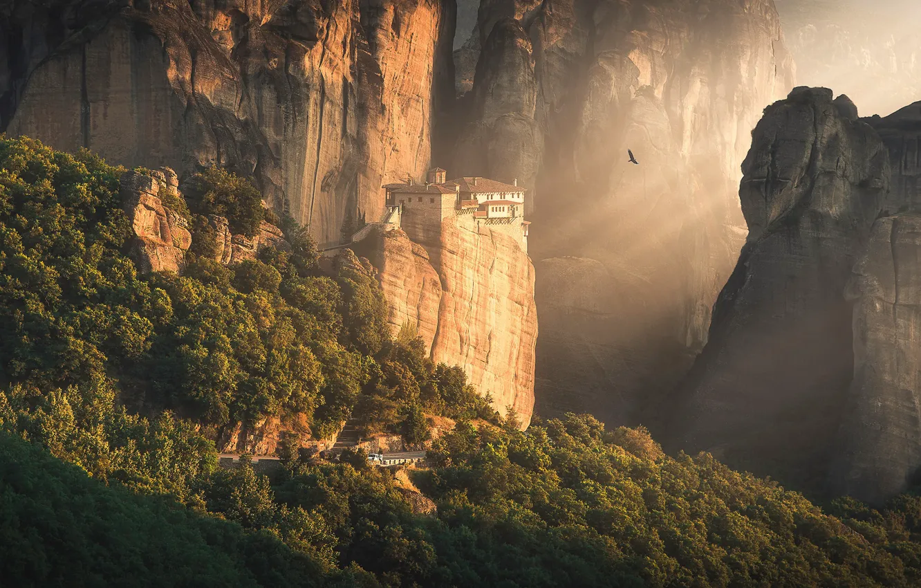 Photo wallpaper rays, rocks, bird, the monastery, bird, rocks, rays, monastery