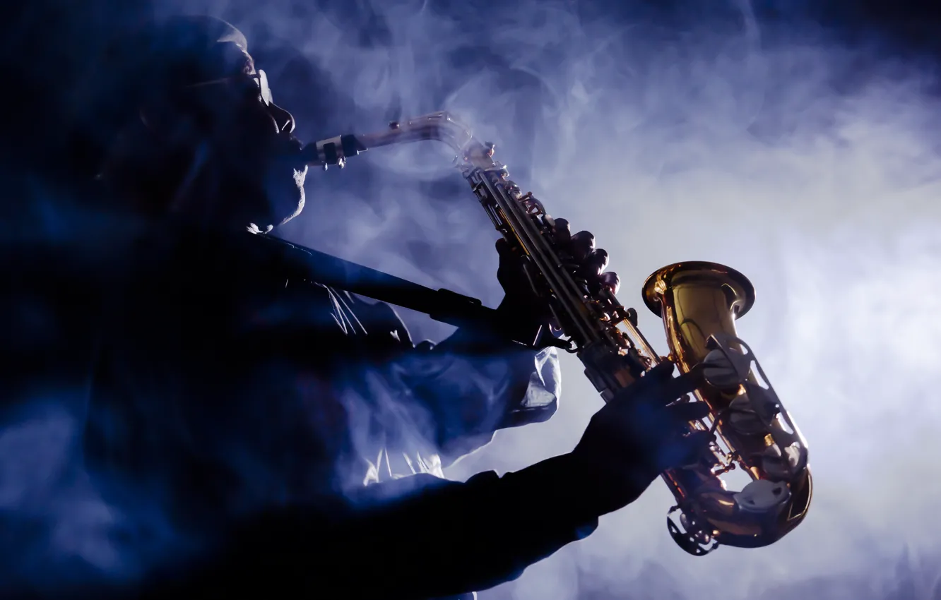 Photo wallpaper smoke, musician, saxophone