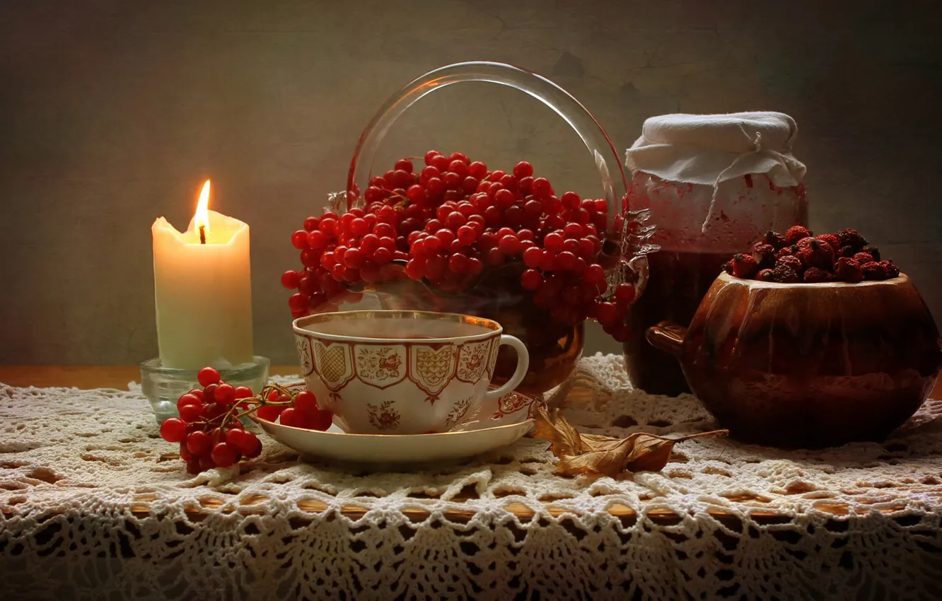 Photo wallpaper sheet, berries, table, candle, fruit, briar, Cup, Bank
