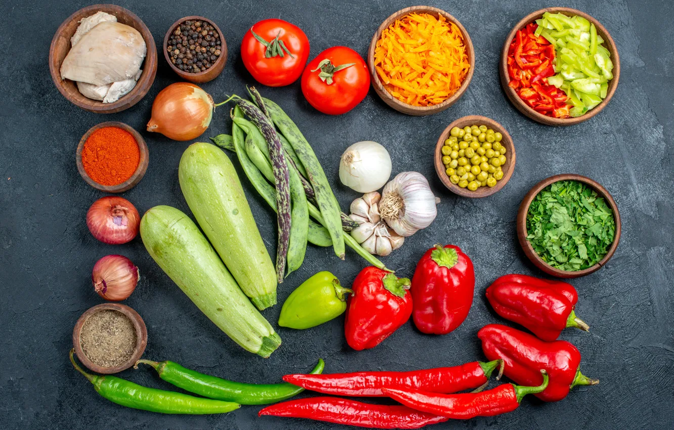 Photo wallpaper greens, red, green, bow, meat, pepper, bowl, grey background
