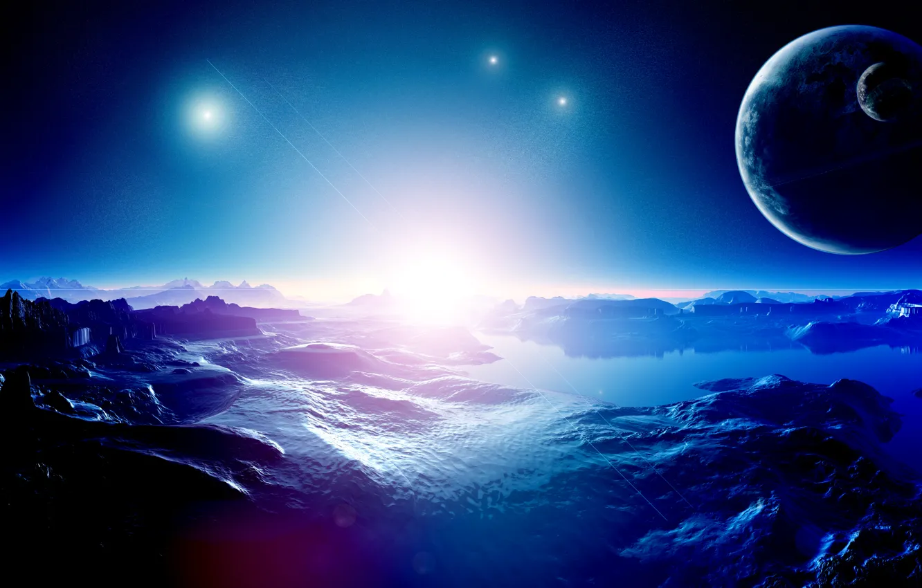 Photo wallpaper the sky, light, mountains, the universe, star, planet, relief