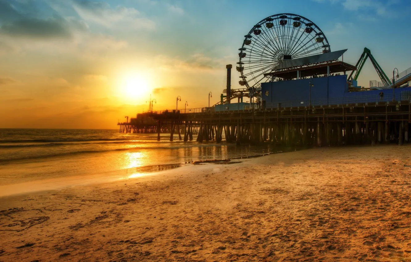 Photo wallpaper beach, sunset, wheel, pier, Ferris, Los Angeles, Santa Monica