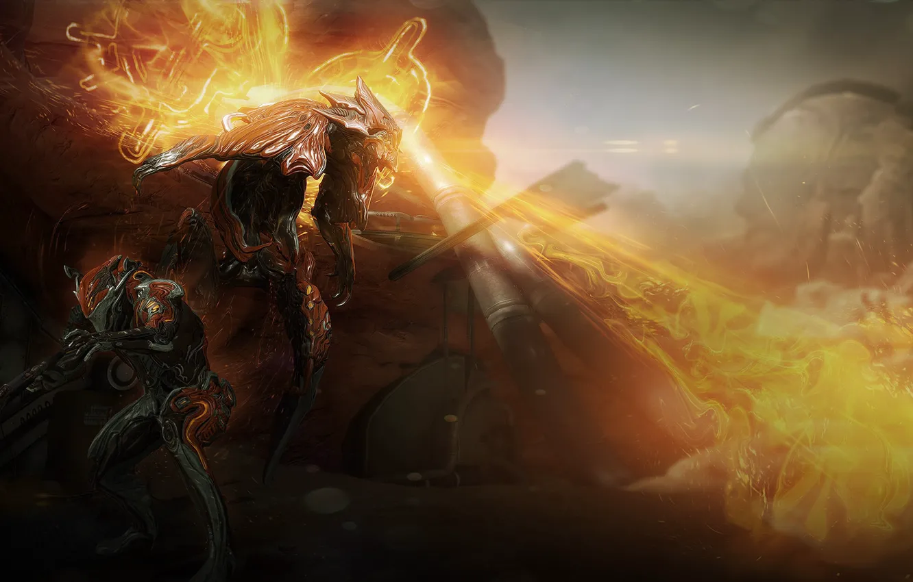 Photo wallpaper weapons, fire, the game, armor, warriors, Warframe