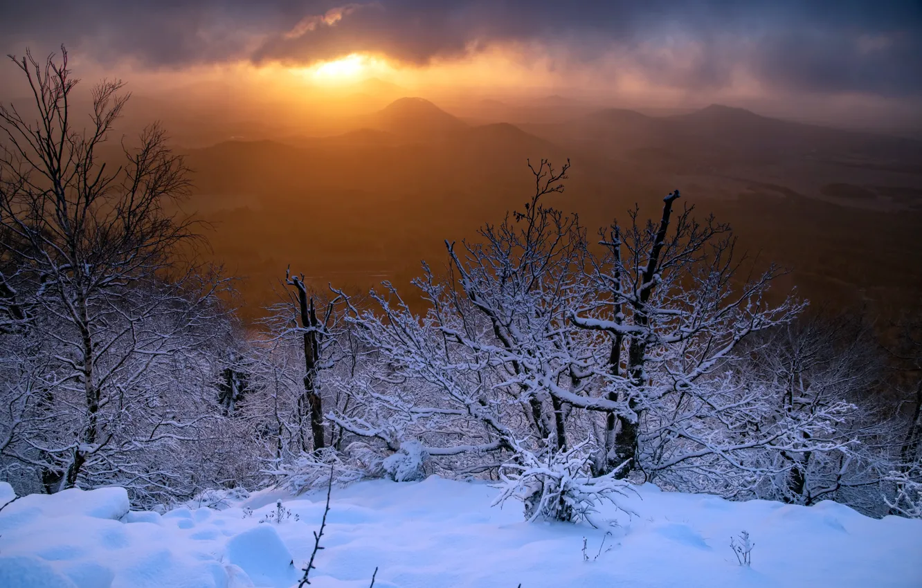 Photo wallpaper snow, sunset, mountains