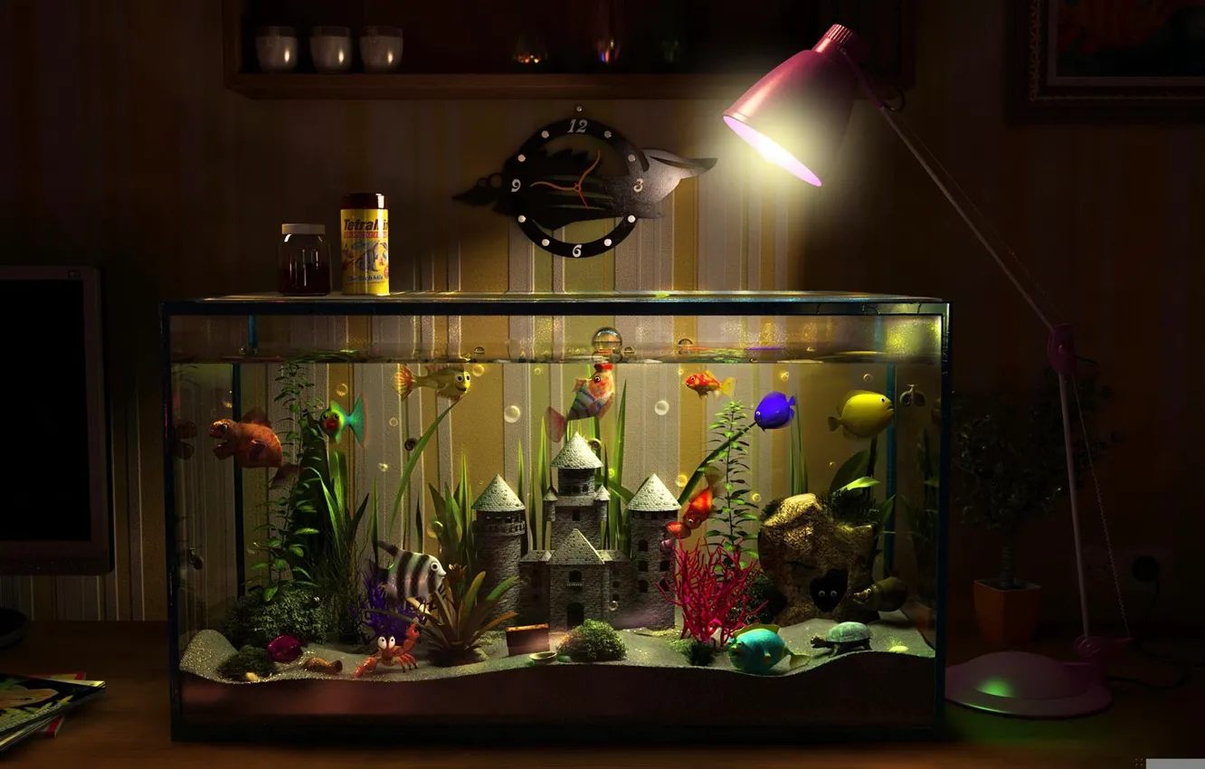 Photo wallpaper fish, castle, watch, lamp, aquarium
