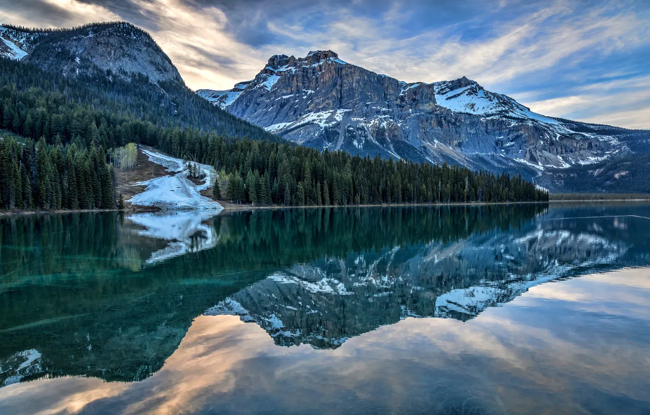 Photo wallpaper forest, the sky, clouds, mountains, lake, reflection, blue, rocks