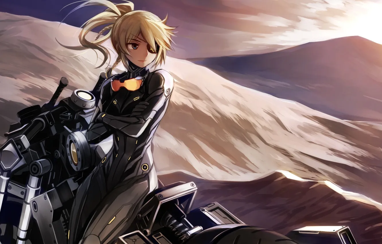 Photo wallpaper girl, landscape, smile, motorcycle, art, eye patch, kriss sison