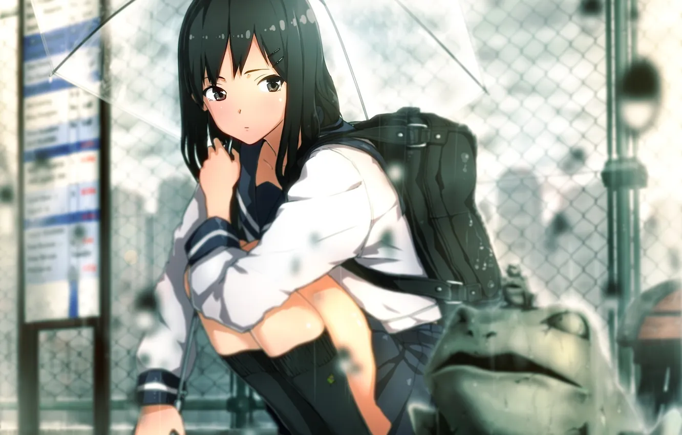 Photo wallpaper rain, the fence, frog, umbrella, art, girl, schoolgirl, toad